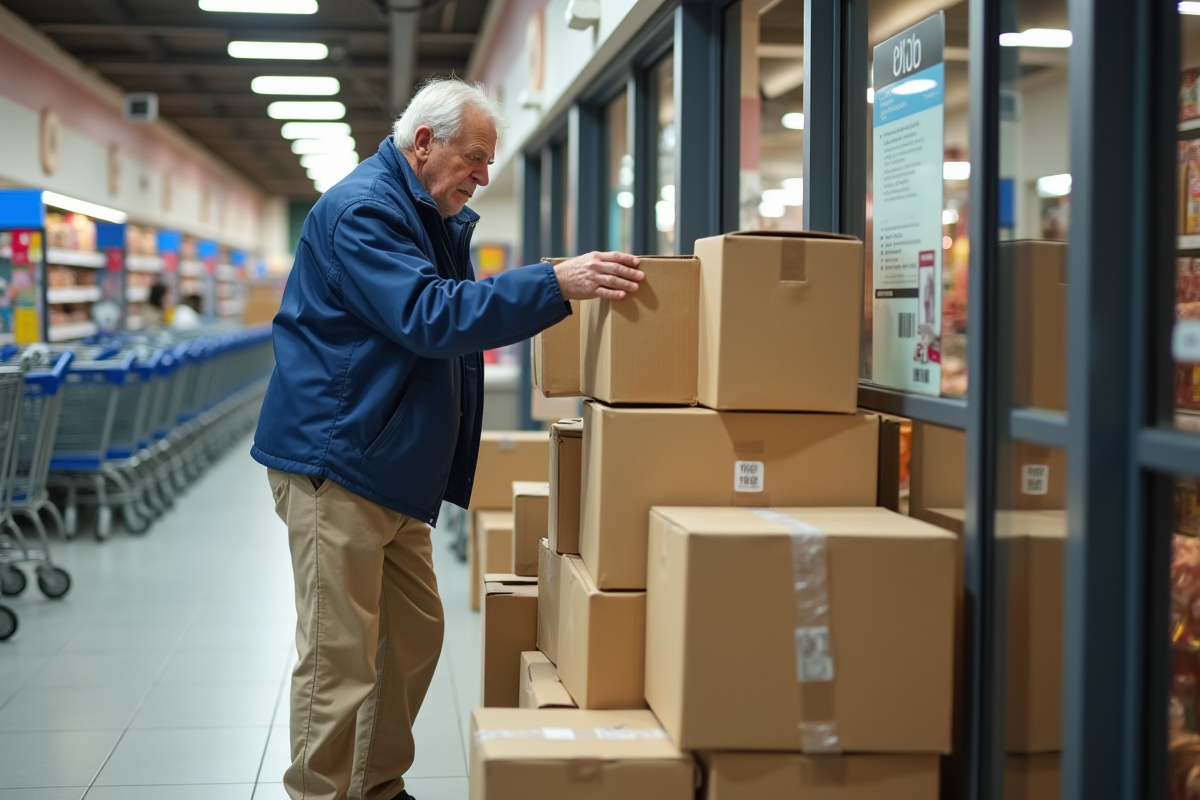 Homme âgé choisissant des cartons près d’un supermarché