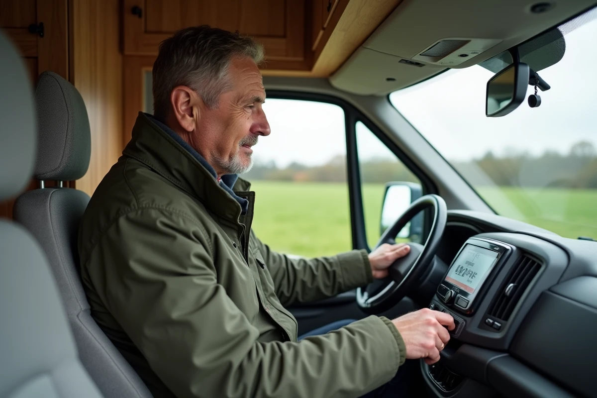 Homme en voyage dans un van moderne examine un panneau de contrôle