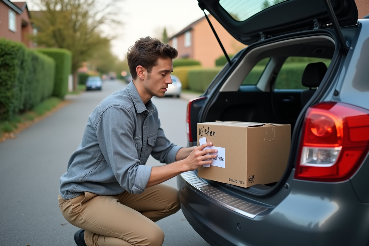 Homme chargeant une box dans le coffre de sa voiture dans la rue