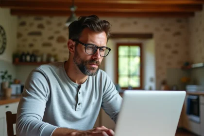 Homme consultant le site habitats-durables.org sur un ordinateur portable dans une cuisine rénovée avec murs en pierre et poutres en bois