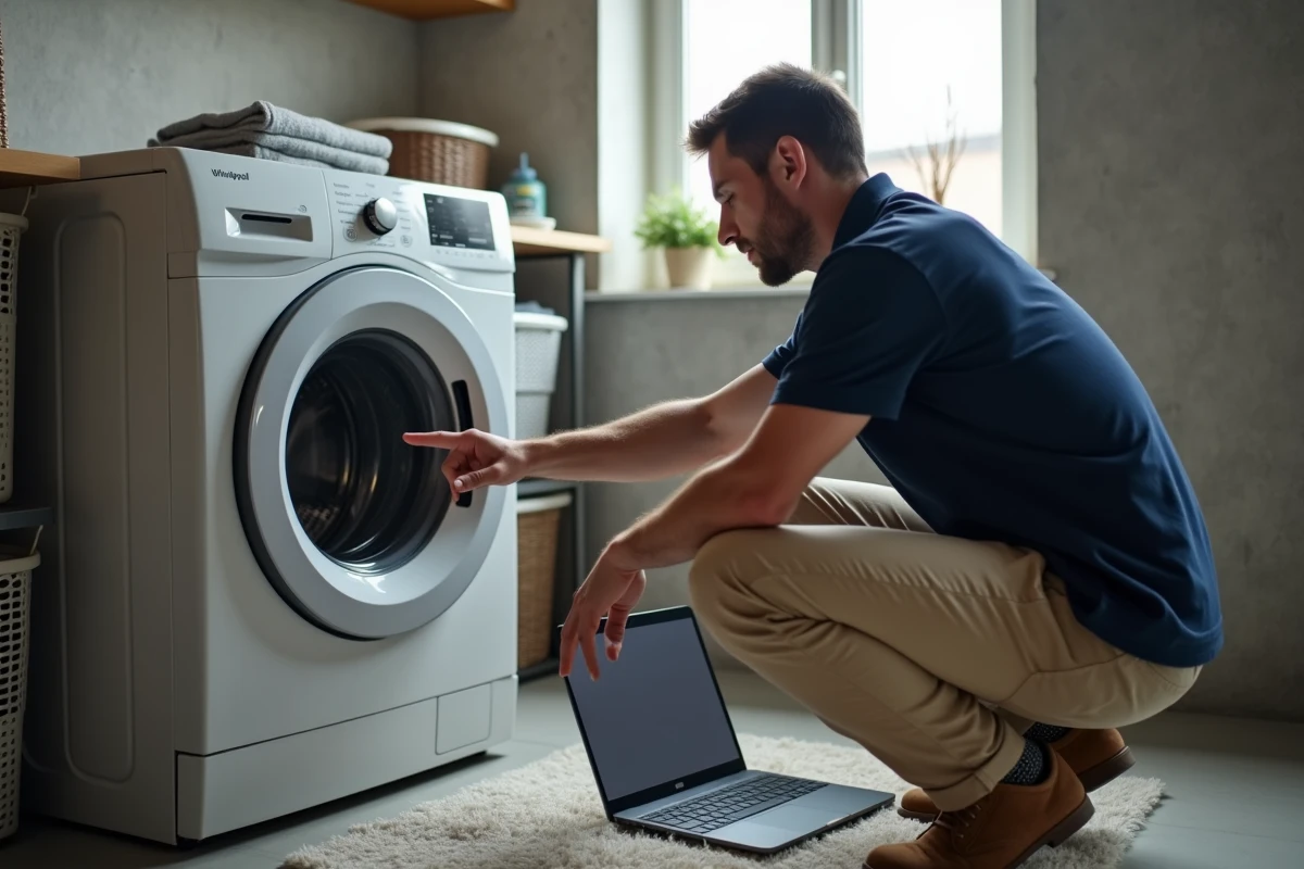 Homme utilisant un ordinateur pour consulter la notice Whirlpool 6th Sense devant son lave-linge
