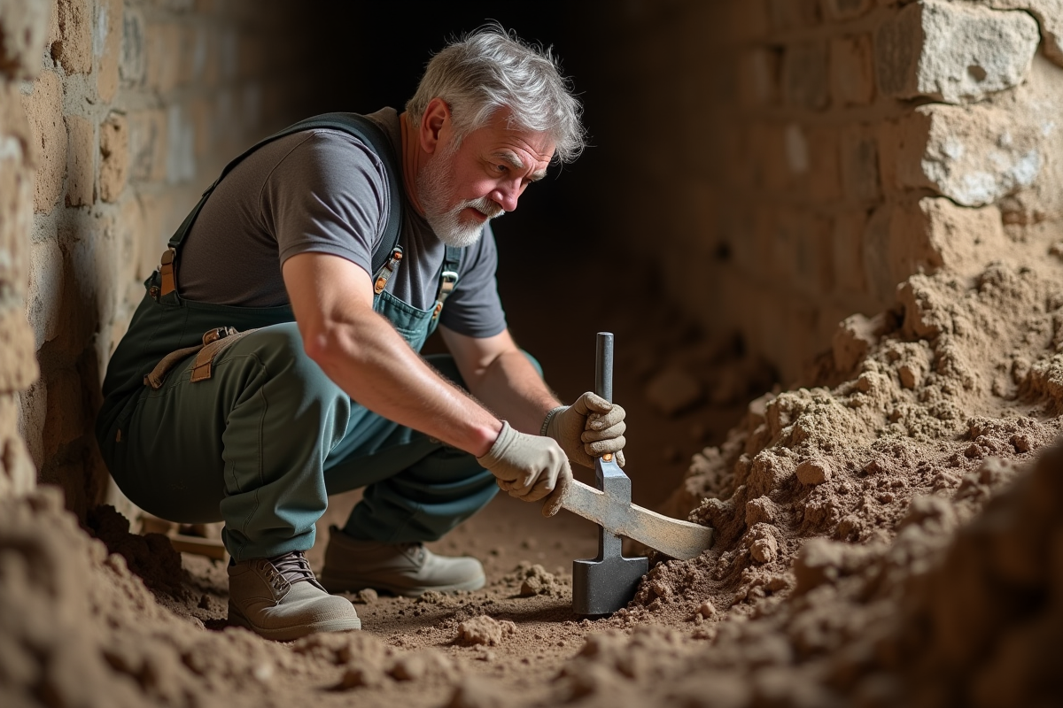 Homme en overalls creusant un caveau à vin avec une pioche