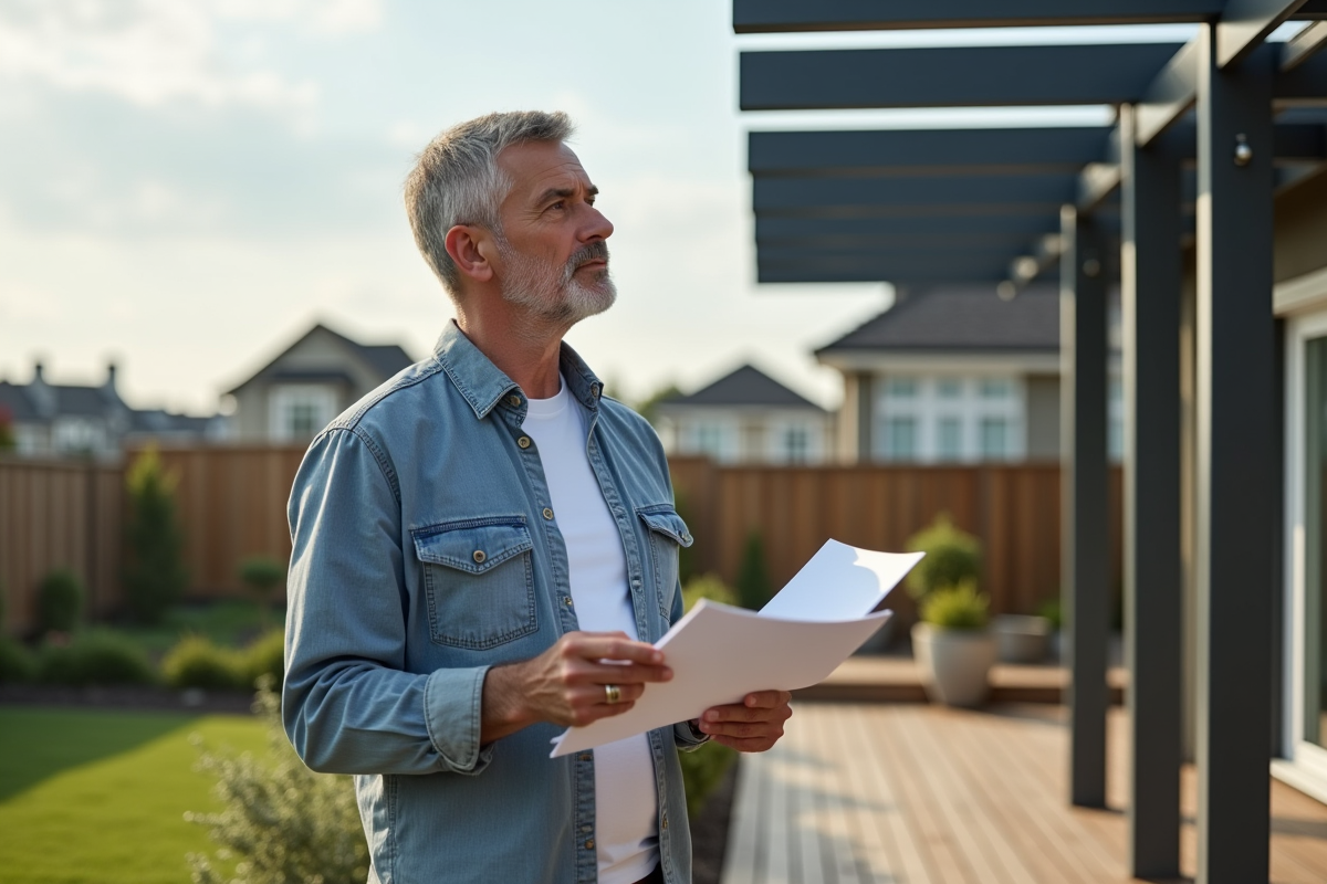 Homme d'âge moyen tenant documents fiscaux devant pergola moderne