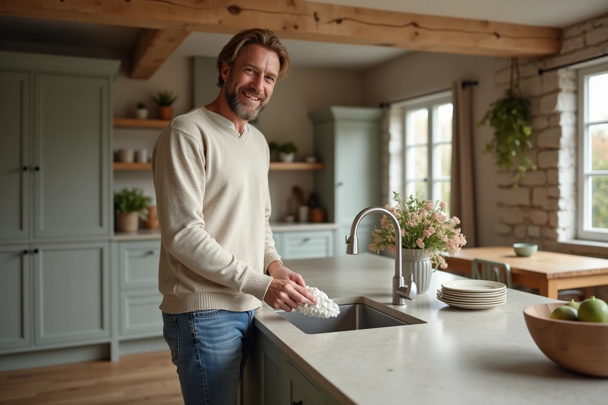 Homme séchant la vaisselle dans une cuisine chaleureuse