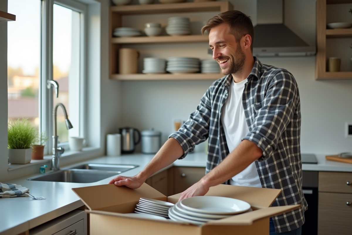 Homme emballant des plats dans une cuisine moderne