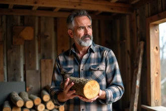 Homme d'âge moyen inspectant un bois avec moisissure dans un abri en bois