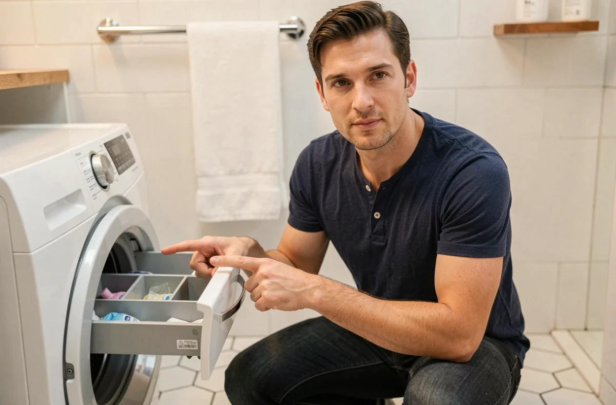Homme expliquant l'utilisation des bacs à lessive d'un lave-linge dans une salle de bain d'appartement