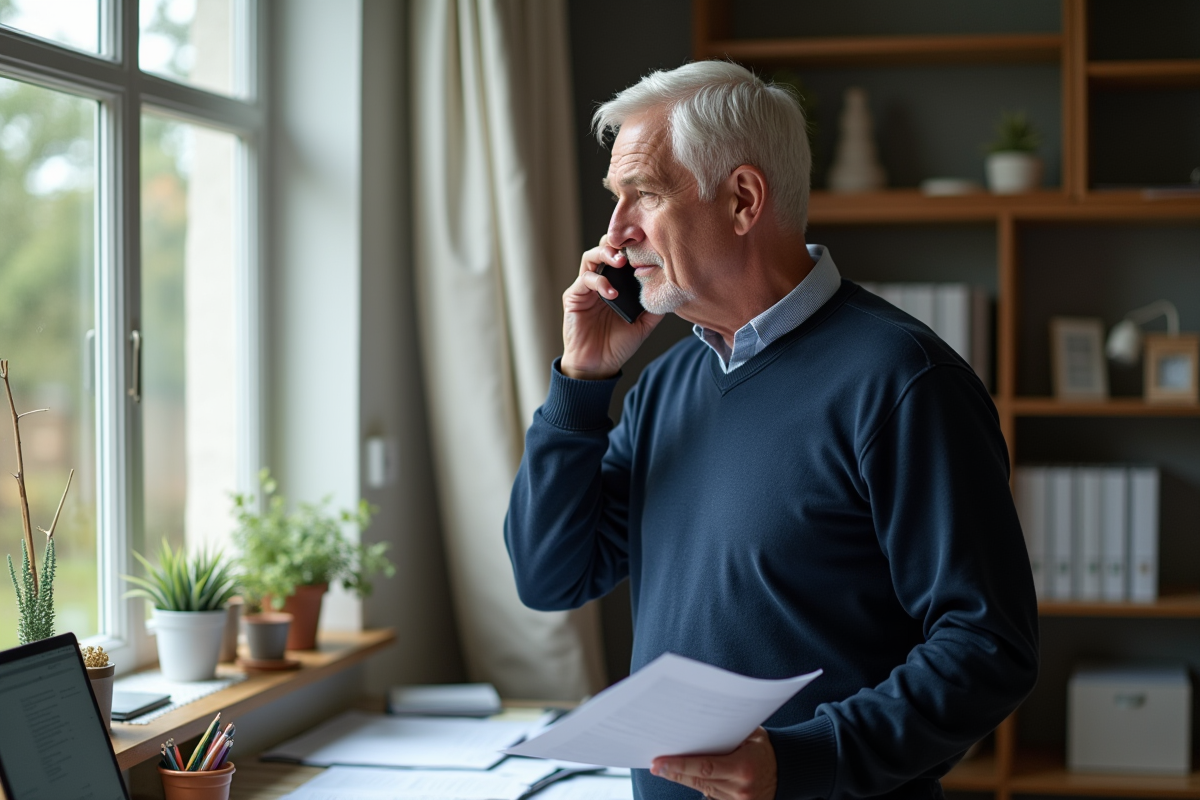 Homme d age dans un bureau maison regardant par la fenetre