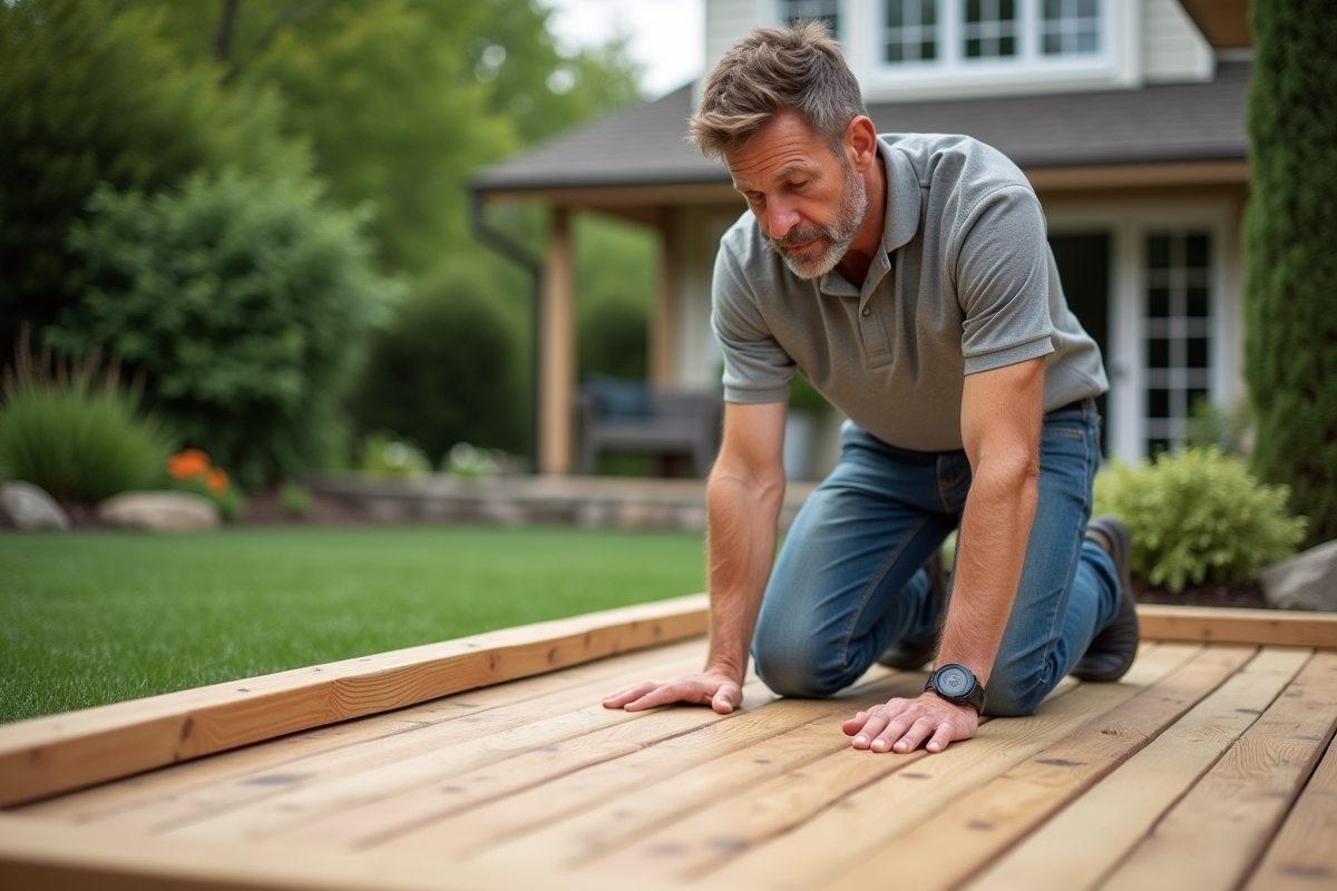 Homme inspectant un deck en bois neuf dans un jardin