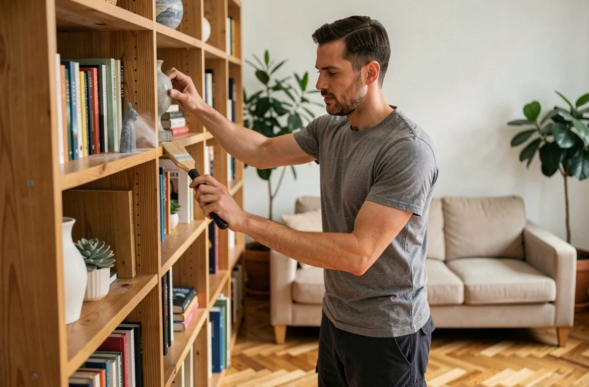 Homme intérimaire effectuant le dépoussiérage des étagères dans un salon d'appartement