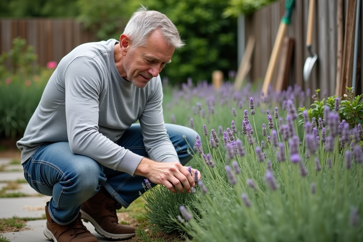 Homme jardinant inspectant jeunes pousses de lavande