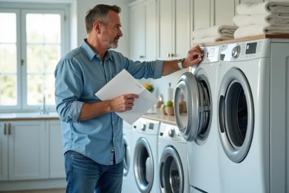 Homme d'âge moyen près d'un lave-linge moderne dans une buanderie