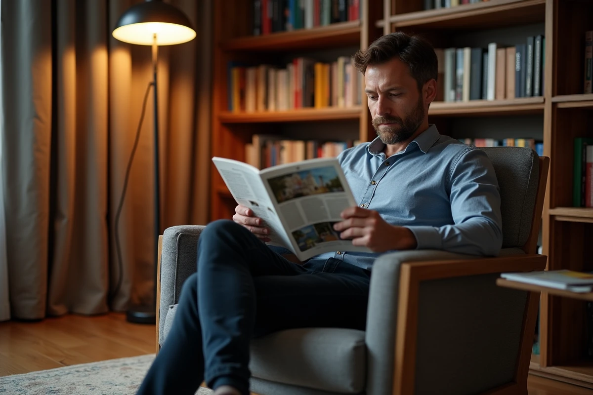 Homme lisant un magazine dans un coin lecture cosy