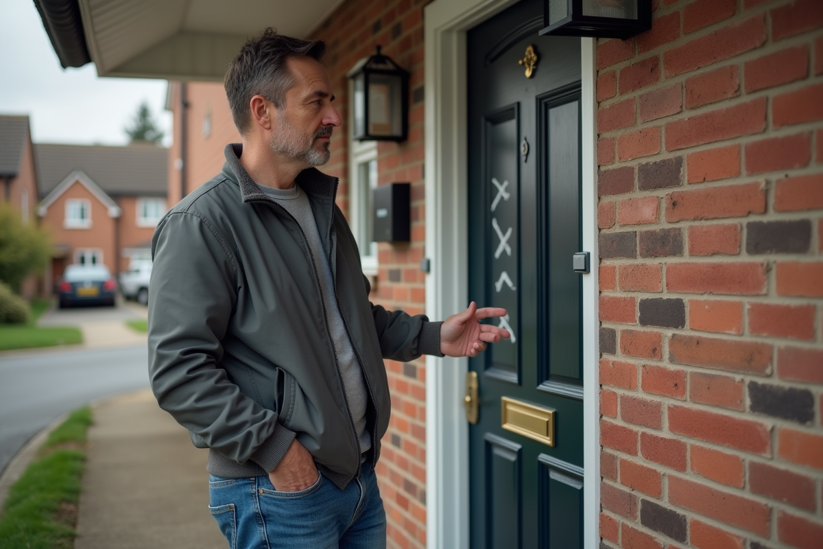 Homme d'âge moyen inspectant des marques de craie sur un mur extérieur
