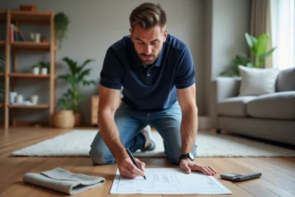 Homme en jeans et polo mesure une pièce intérieure