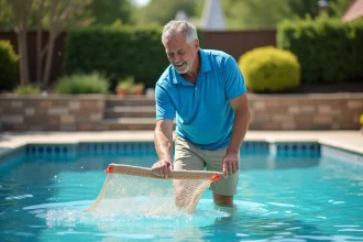 Homme d'âge moyen nettoyant une piscine extérieure