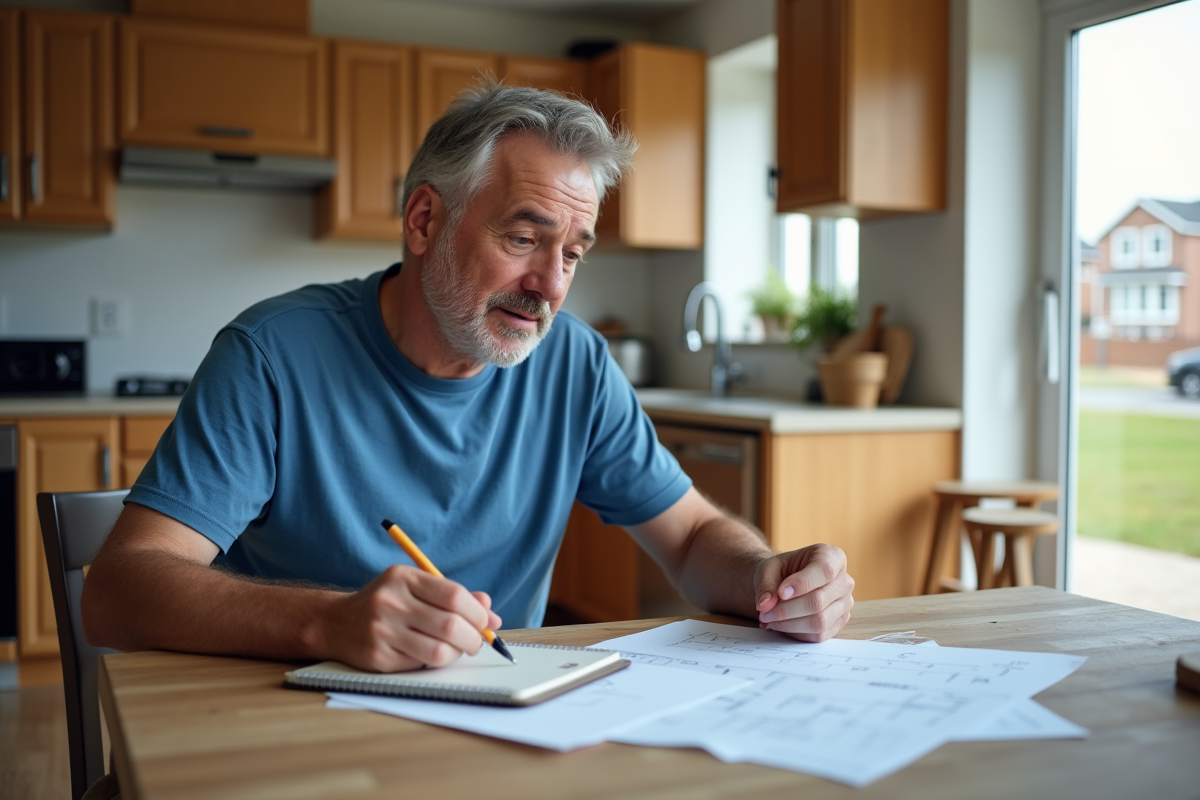Homme planifiant son déménagement à la cuisine