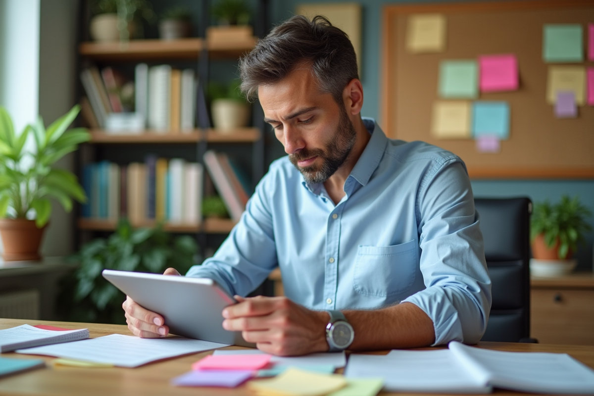Homme organisant des notes sur un bureau lumineux