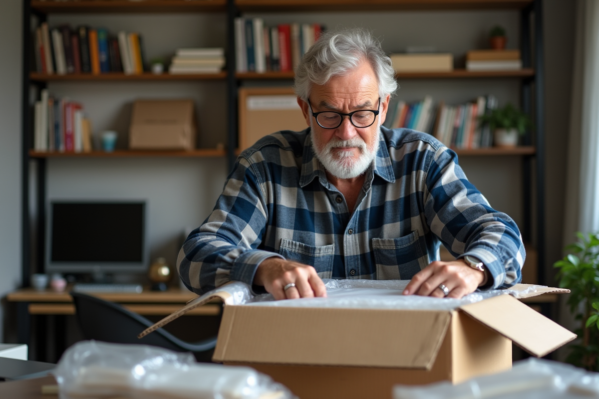 Homme emballant un livre dans une boîte avec du papier bulle