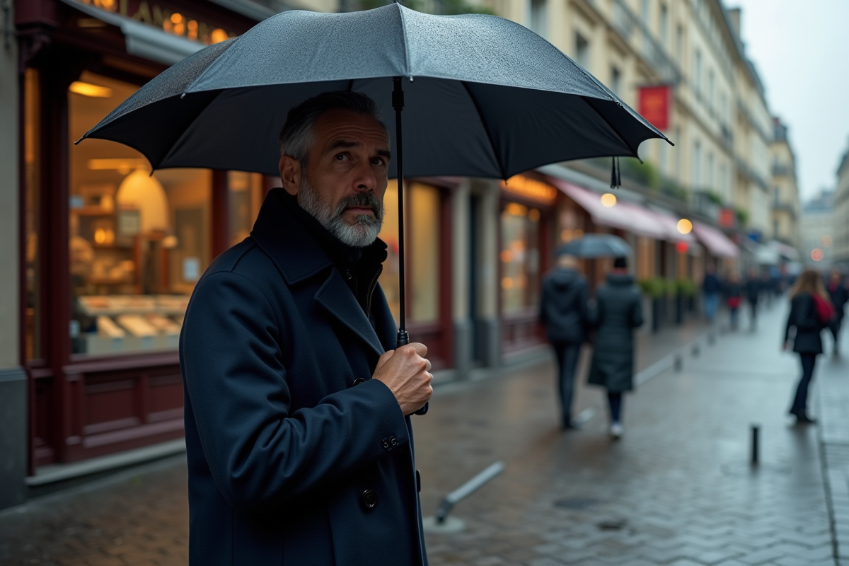 Homme français dans la rue de Paris avec parapluie vintage