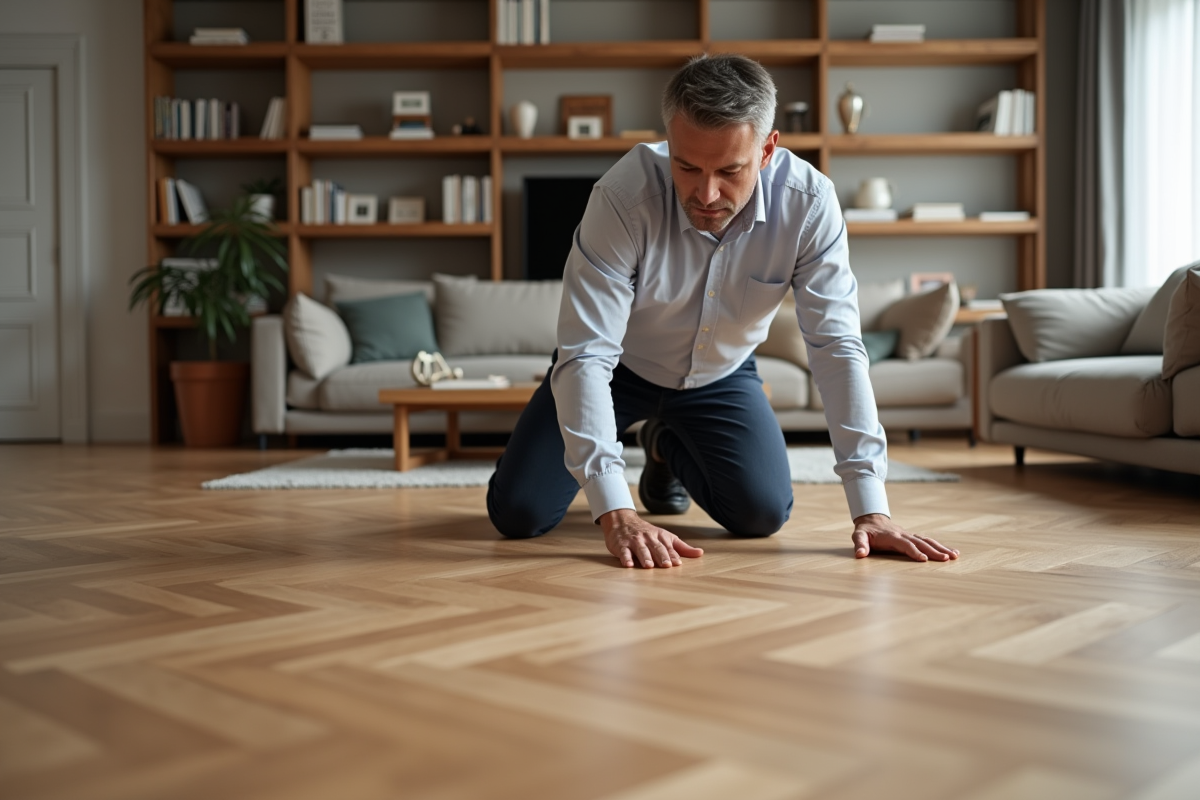 Homme d'âge moyen examine un parquet en bois dans un salon moderne