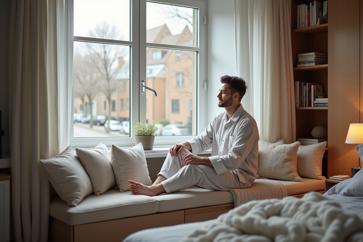 Homme arrangeant des coussins dans une chambre moderne calme