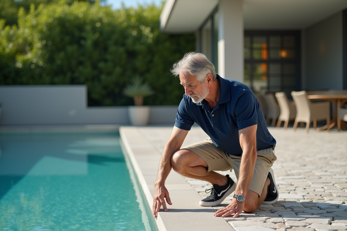 Homme d'âge moyen inspectant la terrasse en pierre près de la piscine
