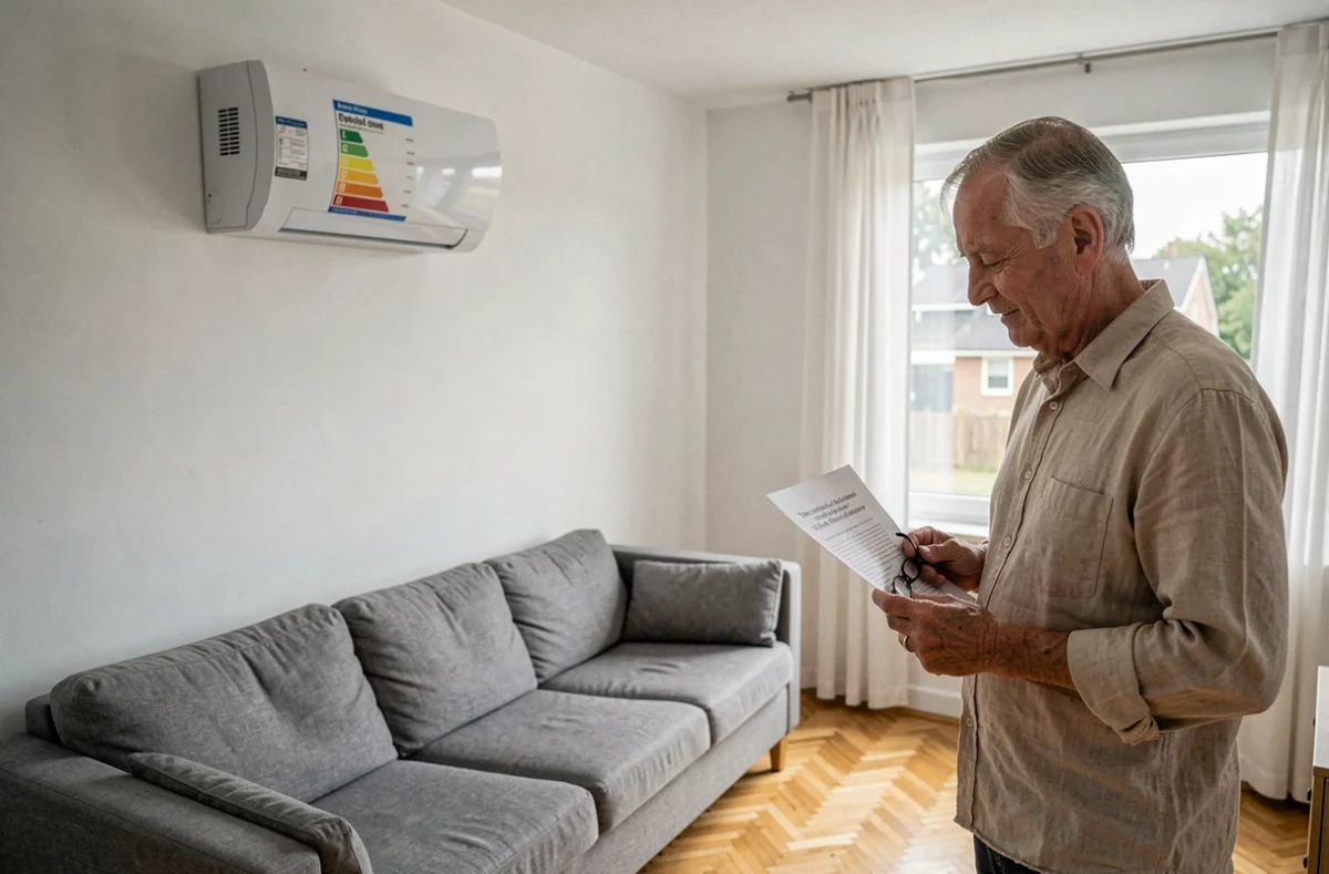 Homme examinant l'étiquette énergétique d'une pompe à chaleur murale dans un salon moderne