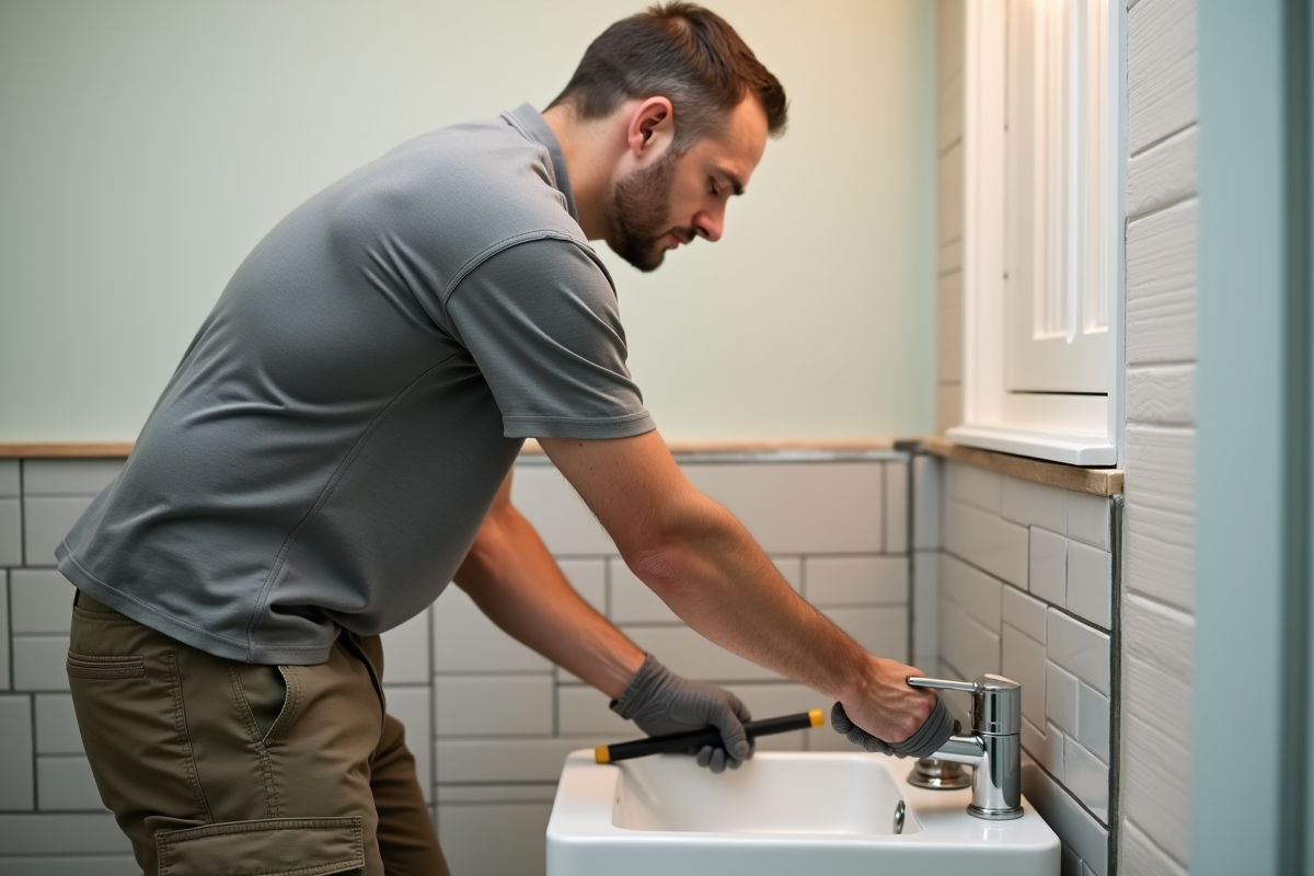 Homme posant une moulure en métal dans une salle de bain rénovée