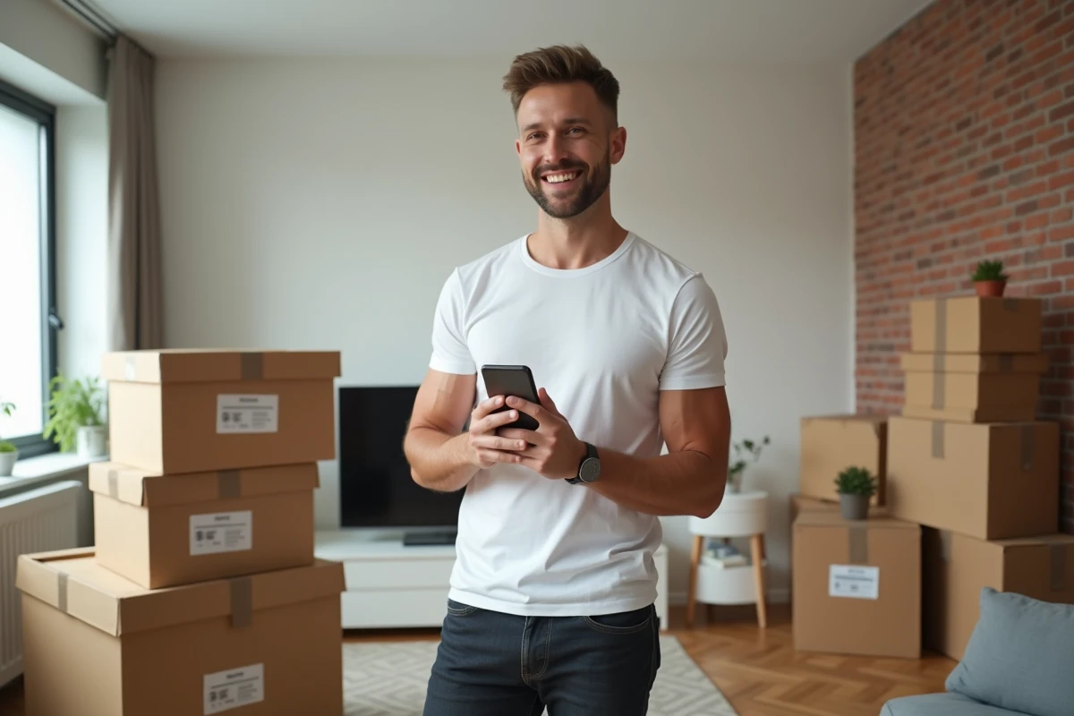 Homme recevant une première commande Sklum avec code promo dans son appartement moderne en cours d'aménagement