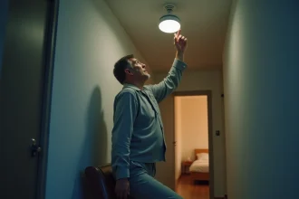 Homme en pyjama qui atteint une alarme incendie au plafond la nuit dans un couloir d'appartement