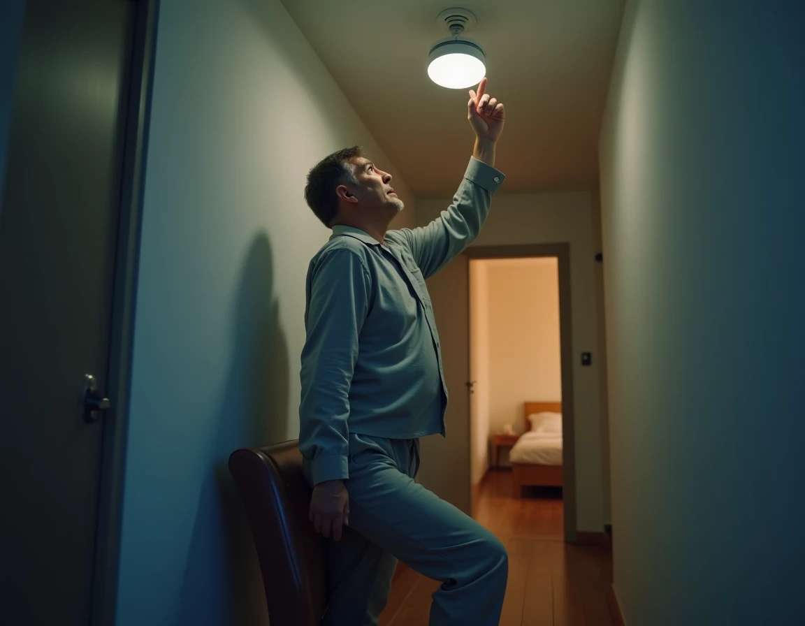 Homme en pyjama qui atteint une alarme incendie au plafond la nuit dans un couloir d'appartement
