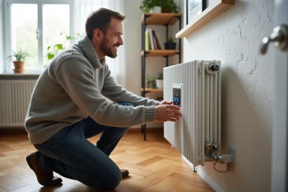 Homme d'âge moyen ajustant un radiateur électrique moderne dans un salon chaleureux