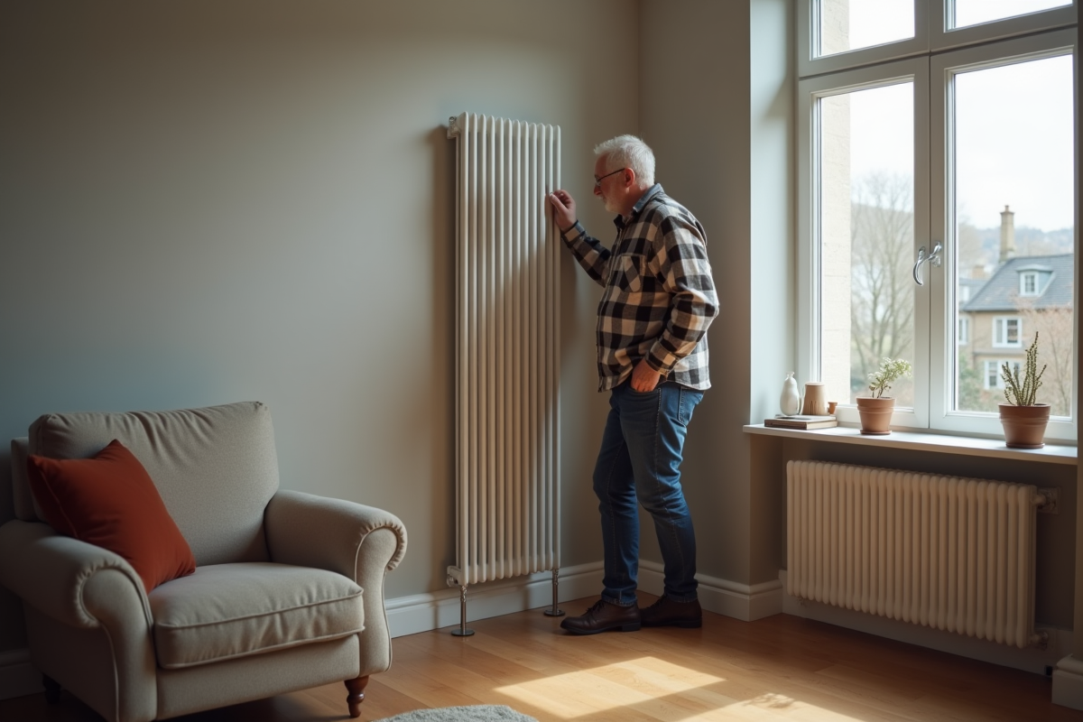 Homme ajustant un radiateur électrique dans un salon moderne