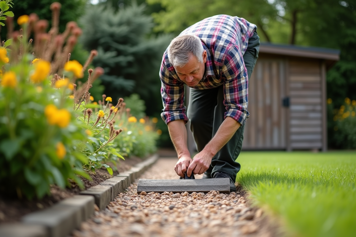 Homme d'âge moyen ratisse un gravier dans un jardin