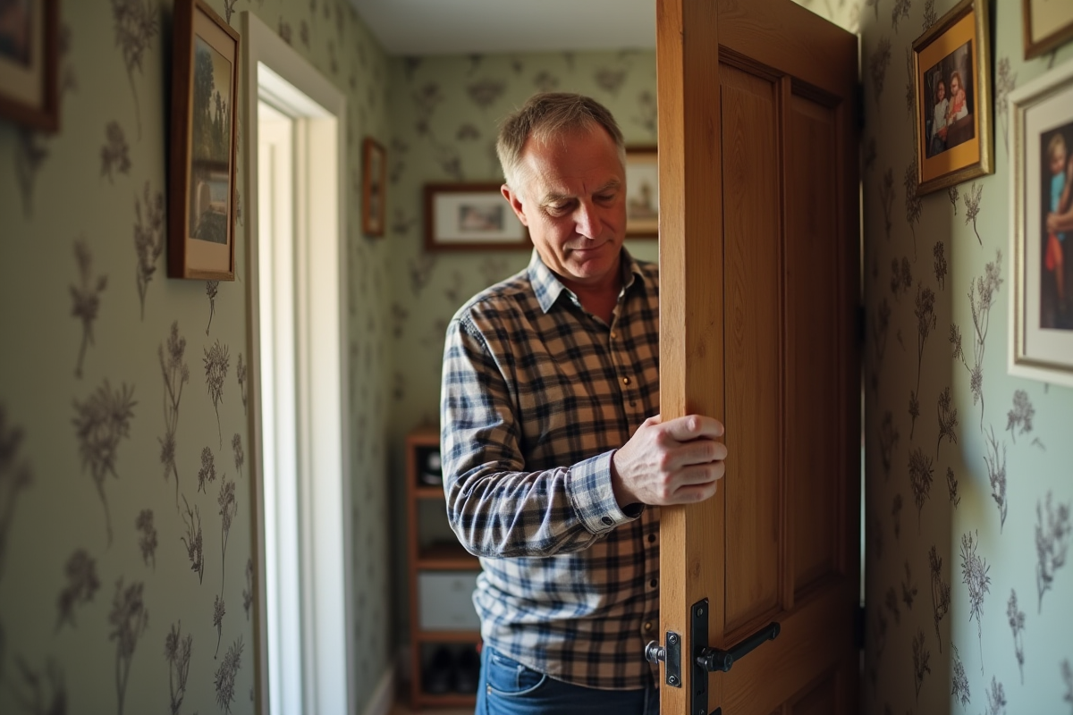 Homme d'âge moyen retirant une vieille porte en bois