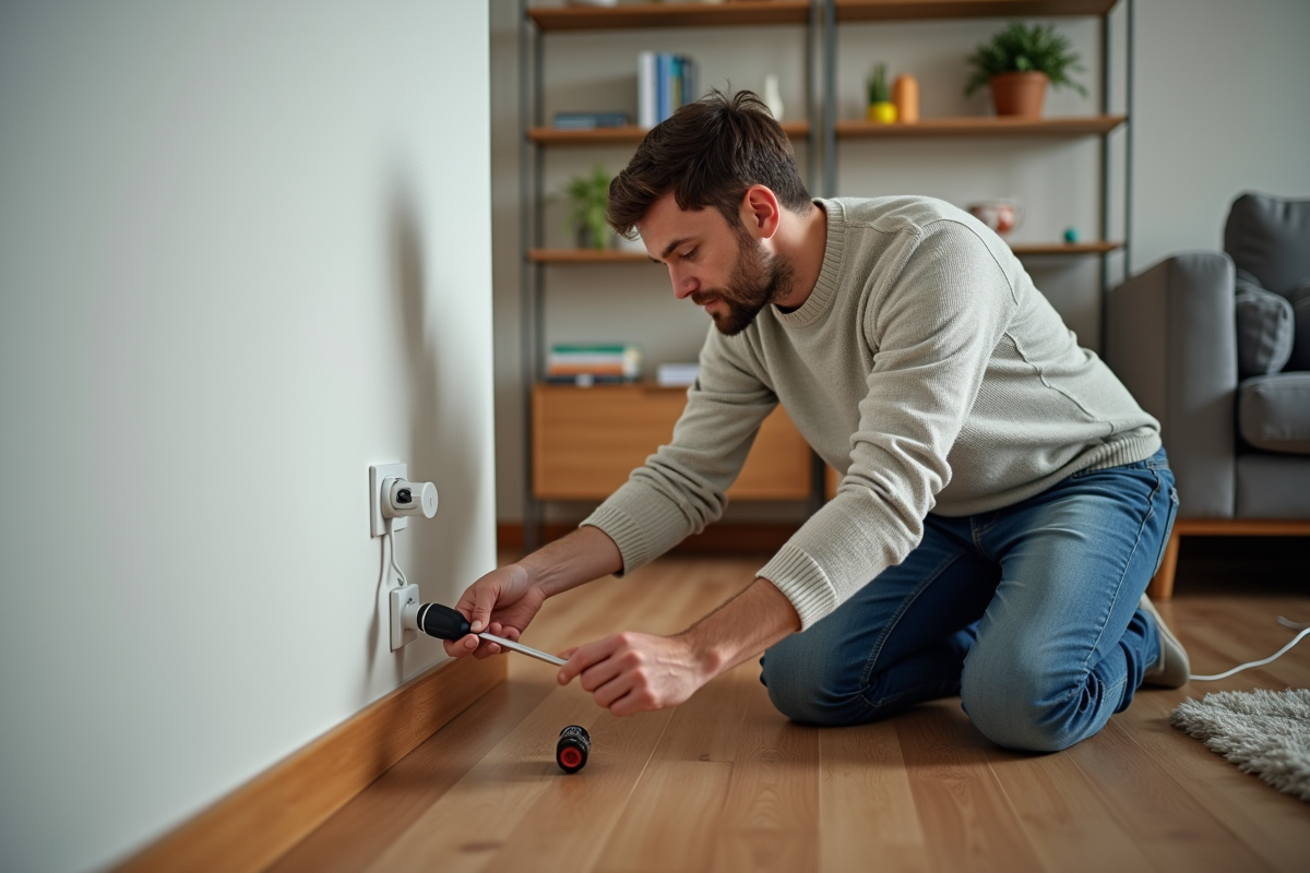 Homme d'âge moyen manipulant une prise électrique