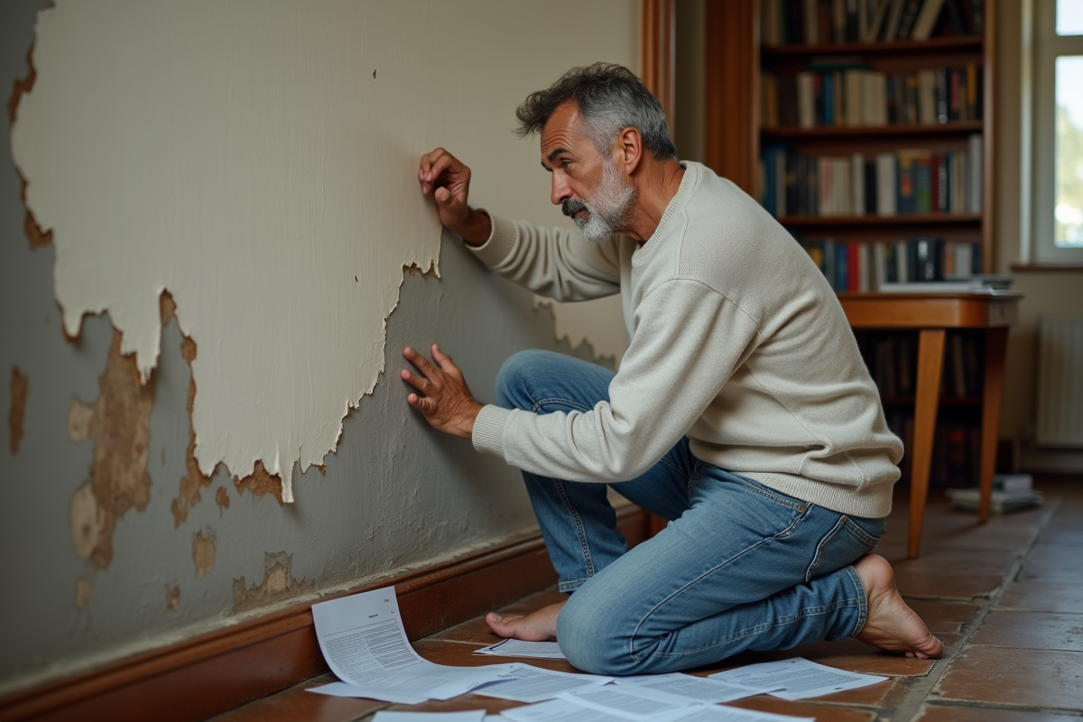 Homme d'âge moyen examine une peinture écaillée dans un salon modeste