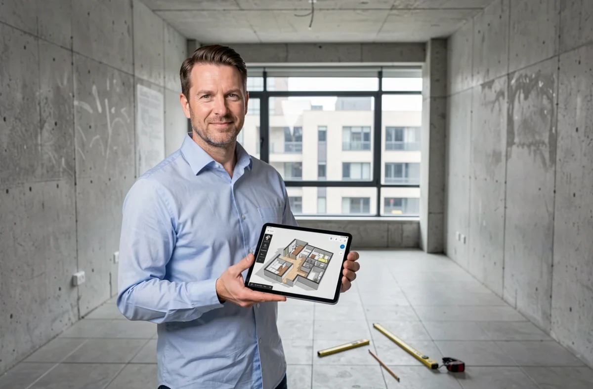 Homme tenant une tablette avec plan 3D dans un appartement vide en cours de location