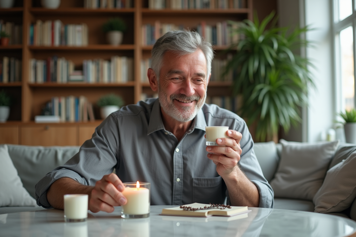 Homme sentant une bougie dans un salon moderne