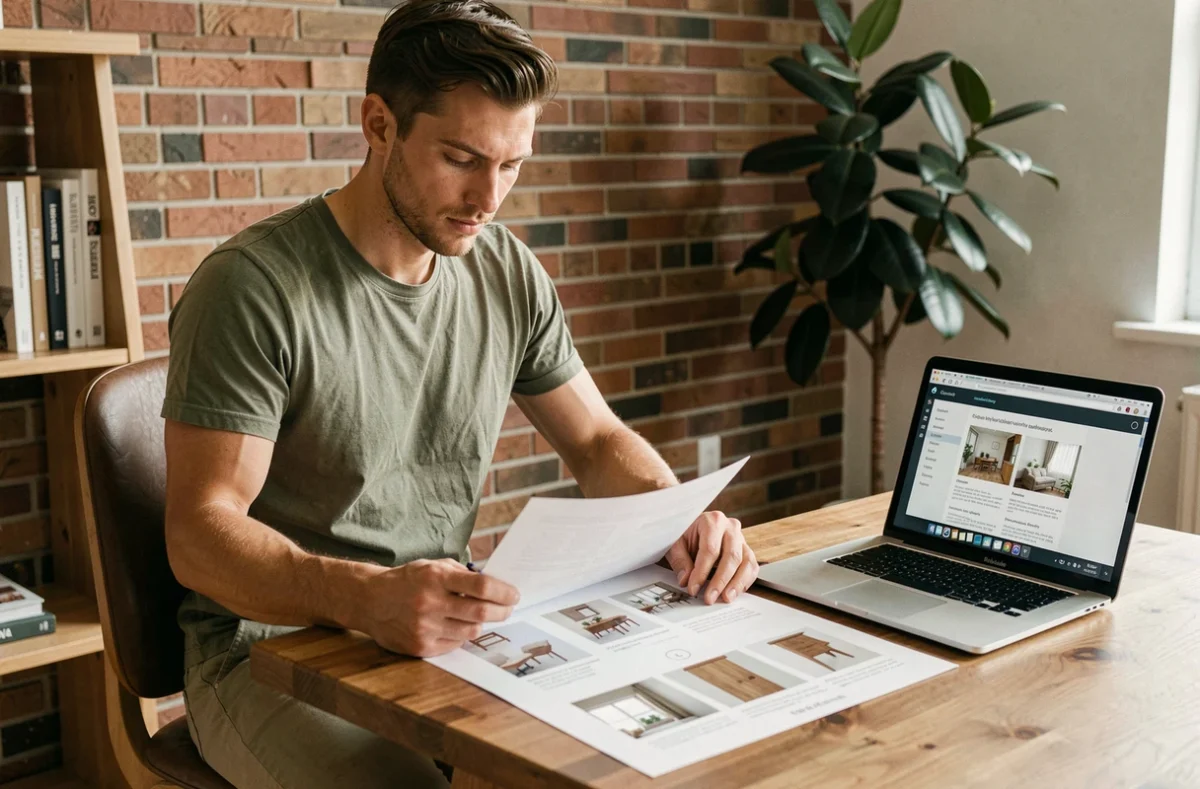 Homme analysant des fiches de styles de meubles avec un outil de test de décoration en ligne ouvert sur son ordinateur portable