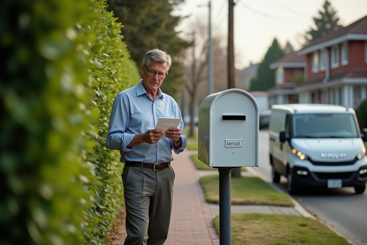 Homme triant ses courriers devant une maison résidentielle