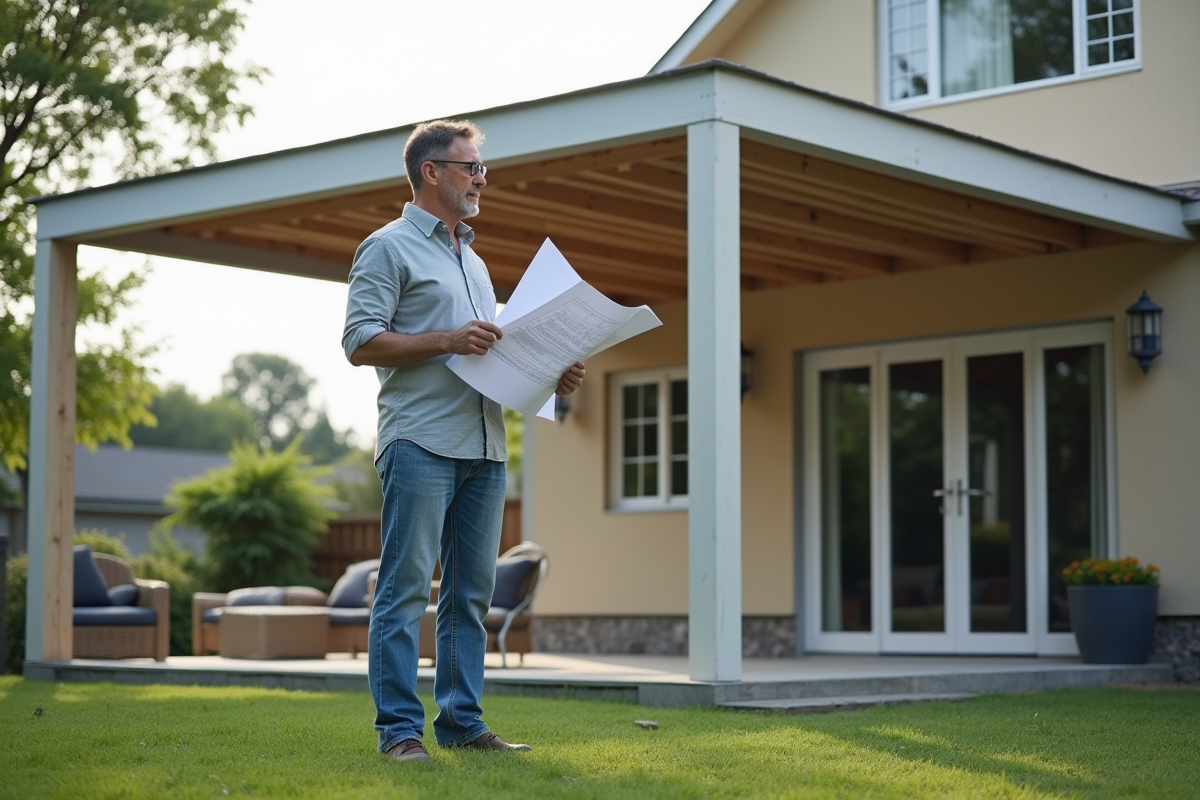Homme inspectant la structure en aluminium d'une veranda en construction