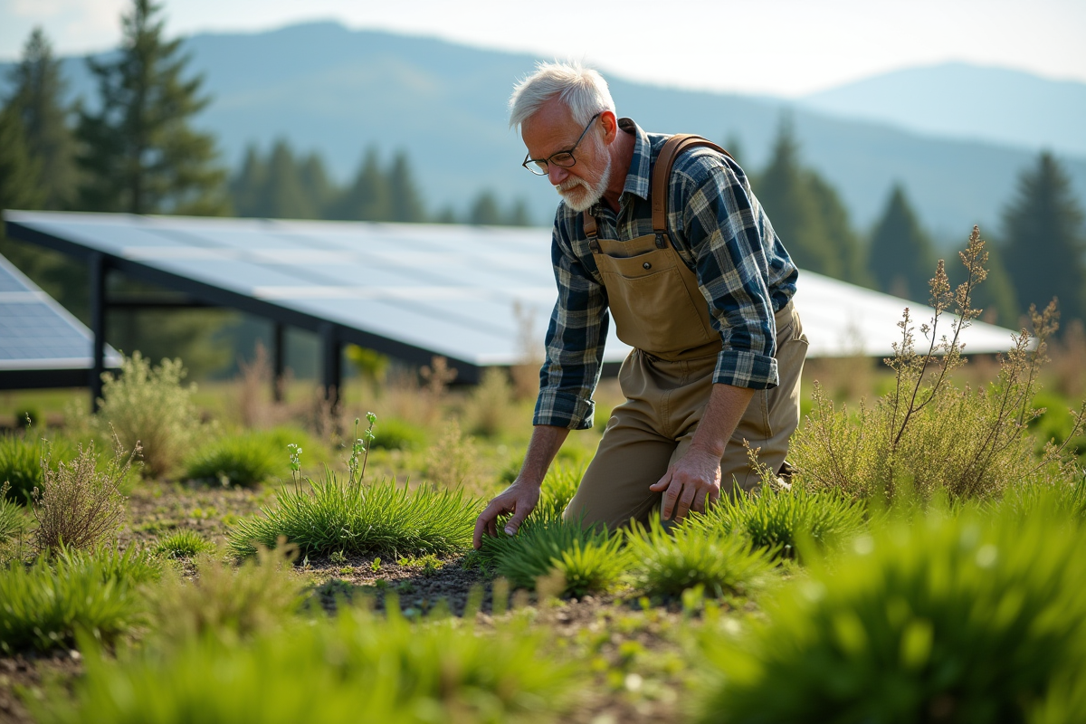 Homme inspectant un toit végétal avec plantes sauvages