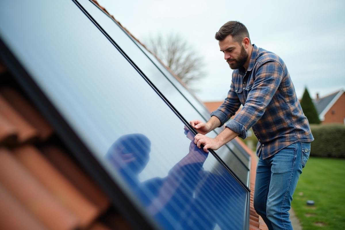 Homme vérifiant un panneau solaire sur le toit d'une maison