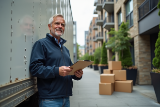 Homme vérifiant un camion de déménagement moderne