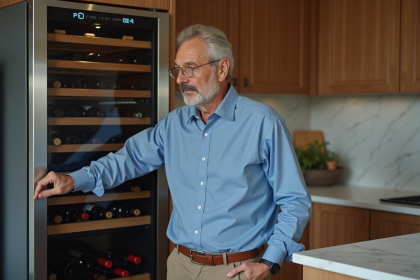 Homme d'âge moyen examinant un refroidisseur à vin moderne dans sa cuisine