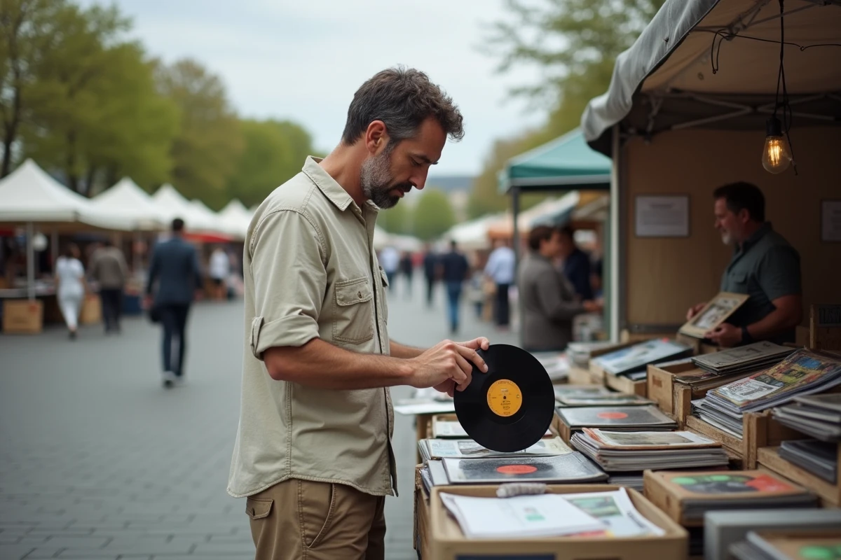 Homme parcourant des vinyles anciens dans un vide grenier du département 92