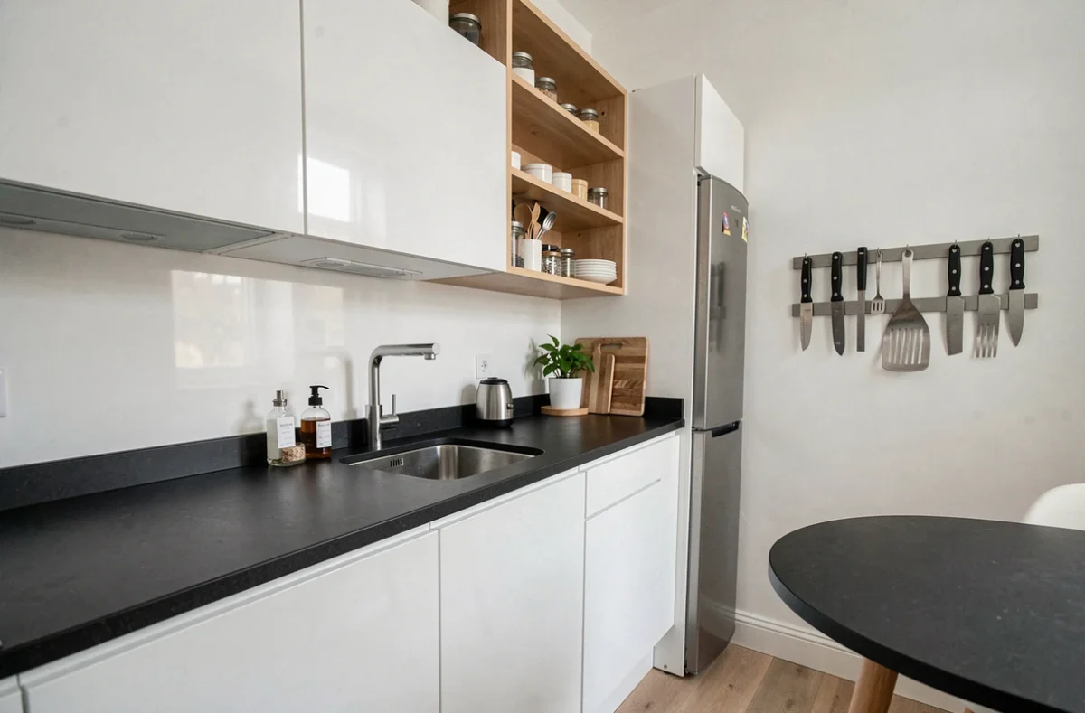 Cuisine Hygena blanche et noire avec plan de travail stratifié noir dans un appartement compact bien agencé