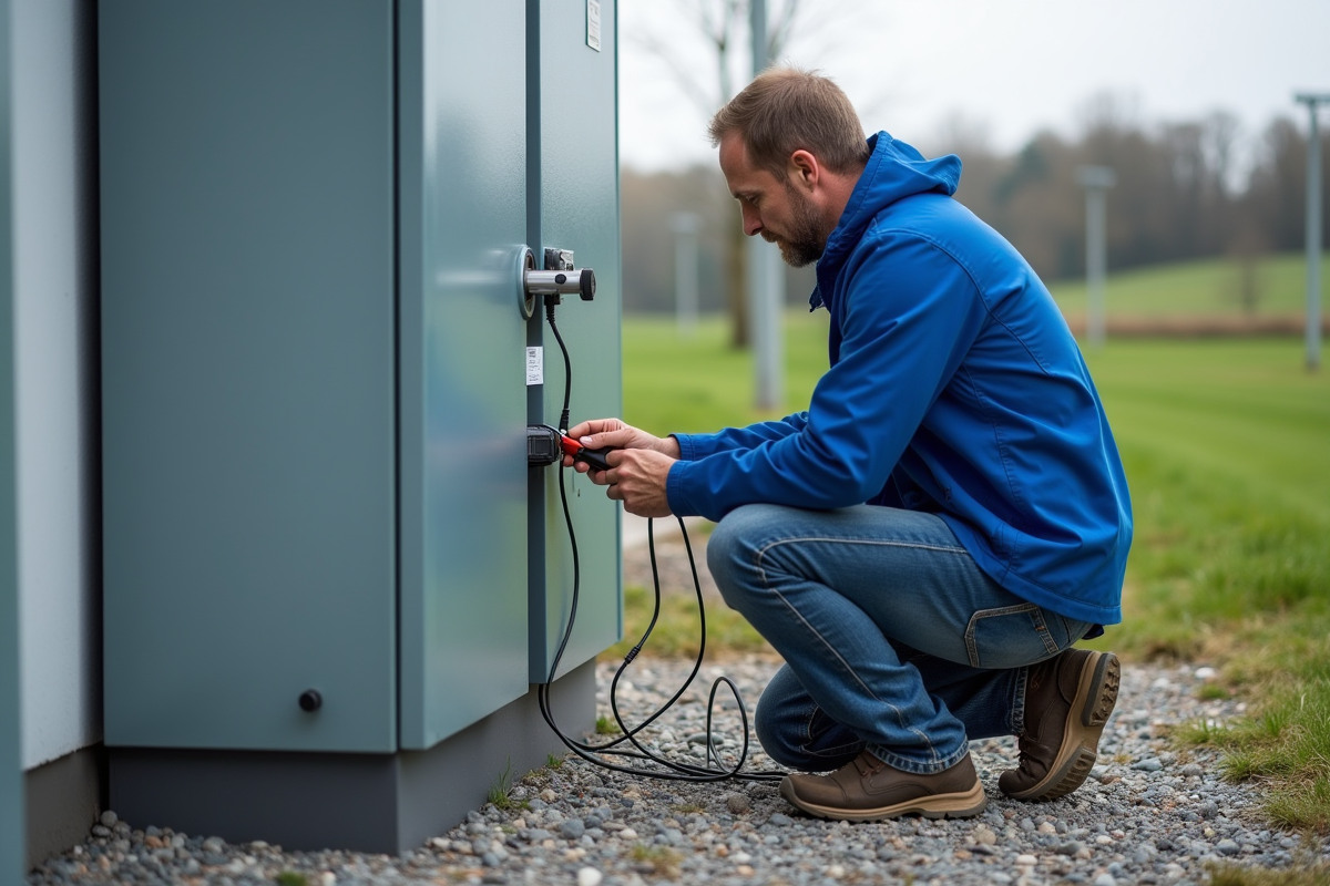 Ingénieur en extérieur connectant un appareil de mesure de terre